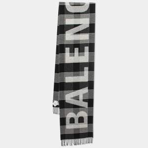 Balenciaga Black and White Wool Checked Intarsia Fringed Scarf