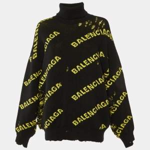 Balenciaga Black All Over Logo Wool Knit Distressed Sweater M