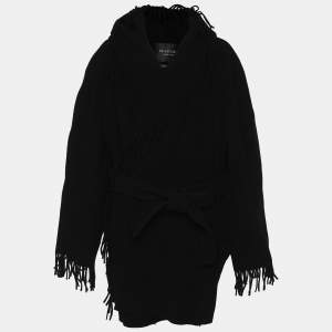 Balenciaga Black Wool Fringe Edge Hooded Cardi Coat M