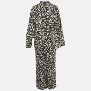 Pre Owned Balenciaga Homewear Black Logo All-Over Silk Pajama Set S
