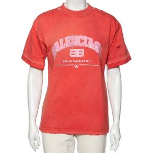 Balenciaga Red Distressed Stonewashed Cotton Logo Printed T-Shirt XXS