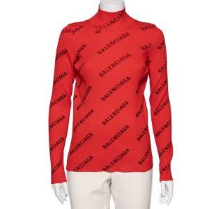 Balenciaga Red Logo Allover Knitwear Turtleneck Top XL