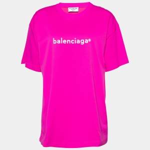 Balenciaga Pink Logo Printed Cotton Knit T-Shirt L