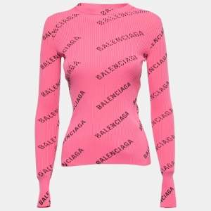 Pre Owned Balenciaga Pink All Over Logo Print Ribbed Knit Pullover XS