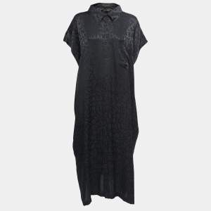 Balenciaga Black Logo Print Silk Button Front Oversized Shirt Midi Dress M