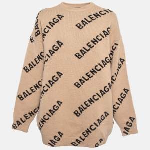 Balenciaga Brown All Over Logo Wool Knit Crew Neck Jumper M