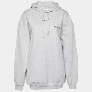 Pre Owned Balenciaga Grey Logo Print Cotton Oversized Unisex Hoodie XS
