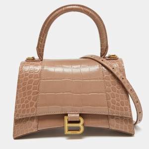 Balenciaga Beige Croc Embossed Leather Small Hourglass Top Handle Bag