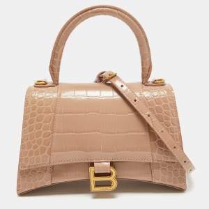 Balenciaga Beige Croc Embossed Leather Small Hourglass Top Handle Bag