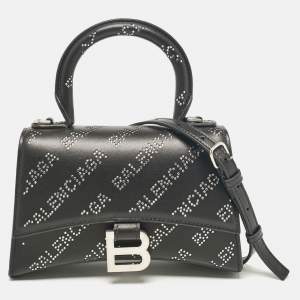 Balenciaga Black Leather XS Diagonal Logo Crystal Hourglass Top Handle Bag