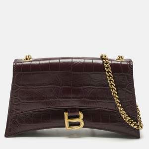 Balenciaga Dark Red Croc Embossed Leather XS Crush Chain Shoulder Bag
