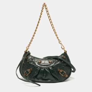 Pre Owned Balenciaga Le Cagole Chain Mini Green Croc Embossed Leather Crossbody Bag