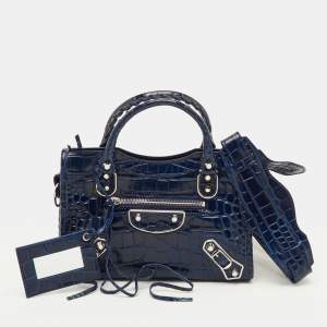 Pre Owned Balenciaga Classic Metallic Edge City Mini Navy Blue Croc Embossed Leather Bag