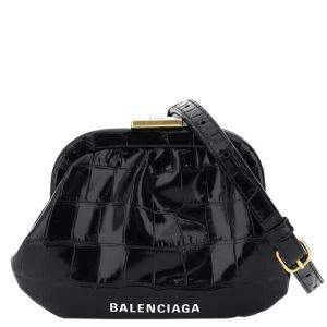 مملوكة مسبقًا Balenciaga Black Croc Embossed Leather Cloud Coin Purse Clutch Bag