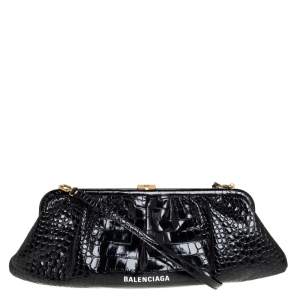 مملوكة مسبقًا Balenciaga Black Crocodile Embossed Glossy Leather XL Cloud Clutch Bag