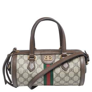 Pre Owned Balenciaga x Gucci Brown/Beige Coated Canvas and Leather The Hacker Project Boston Bag