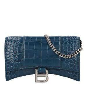 مملوكة مسبقًا Balenciaga Blue Croc Embossed Leather Calfskin Hourglass Chain Wallet