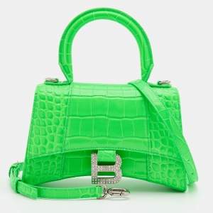 Balenciaga Green Croc Embossed Leather Embellished Hourglass XS Top Handle Bag