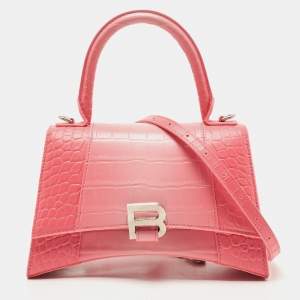 Pre Owned Balenciaga Pink Ombre Croc Embossed Leather Small Hourglass Top Handle Bag