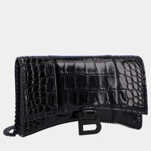 Balenciaga Black Croc Embossed Leather Hourglass Wallet on Chain