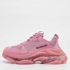 Balenciaga Pink Faux Leather and Mesh Triple S Clear Sole Low Top Sneakers Size 38