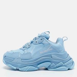 Balenciaga Blue Faux Leather Allover Logo Triple S Sneakers Size 36