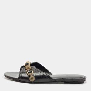 Balenciaga Black Leather Studded Cagole Flat Slides Size 39