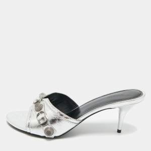 Pre Owned Balenciaga Silver Leather Le Cagole Slide Sandals Size 40