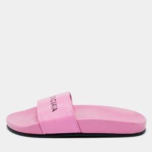 Pre Owned Balenciaga Pink Leather Pool Flat Slides Size 36