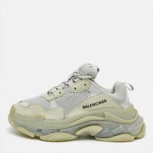 Pre Owned Balenciaga Triple S Size 38 Grey Mesh and Nubuck Leather Lace Up Sneakers