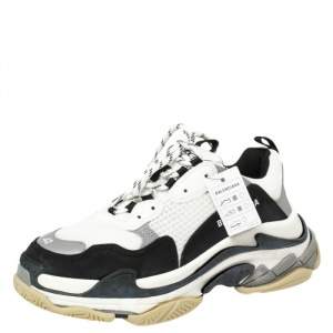 Pre Owned حذاء رياضى بالنسياغا نعل سميك أس تريبل شبك وجلد أسود / أبيض مقاس 42