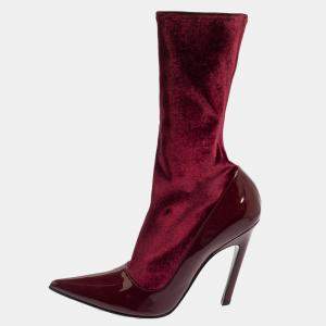 Balenciaga Burgundy Velvet And Patent Leather Knife Mid Calf Boots Size 39