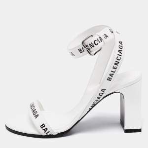 Pre Owned Balenciaga White Leather Logo Round Ankle-Strap Sandals Size 35
