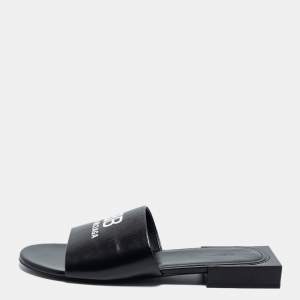 Balenciaga Black Leather Logo Print Flat Slides Size 38.5