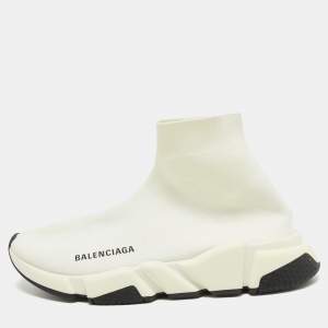 Pre Owned Balenciaga Cream Knit Fabric Speed Trainer Sneakers Size 38