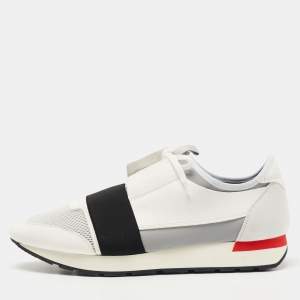 Pre Owned Balenciaga White/Grey Leather and Mesh Race Runner Sneakers Size 44