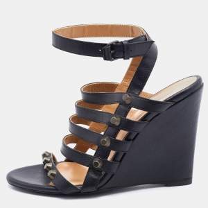 Balenciaga Black Leather Arena Studded Gladiator Wedge Sandals Size 37.5