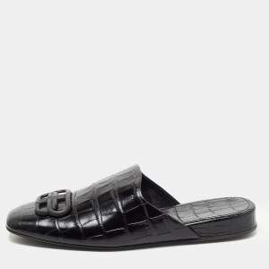 Balenciaga Black Croc Embossed Leather Cosy BB Flat Mules Size 37 