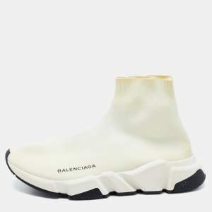Pre Owned Balenciaga Off White Knit Fabric Speed Trainer Sneakers Size 39