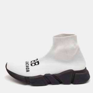 Pre Owned Balenciaga White Logo Print Knit Fabric Speed Sneakers Size 38