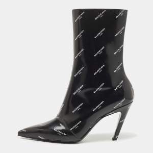 Balenciaga Black Leather Logo Print Booties Size 39