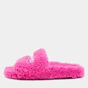 Pre Owned Balenciaga Pink Fur Flat Slides Size 39  