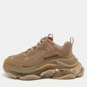Pre Owned Balenciaga Brown Faux Leather and Mesh Triple S Low Top Sneakers Size 36