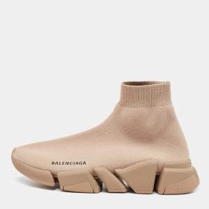 Pre Owned Balenciaga Light Brown Knit Fabric Speed Trainer Sneakers Size 39