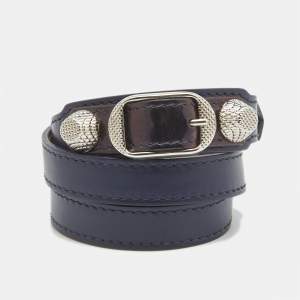 Balenciaga Navy Blue Leather Silver Tone Triple Tour Bracelet