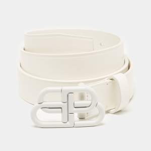 Balenciaga White Leather BB Buckle Belt 75 CM