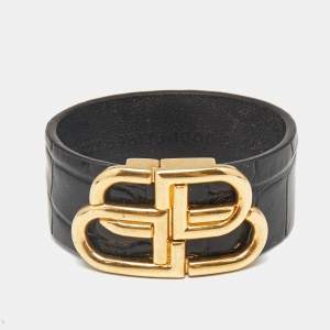 Balenciaga BB Black Leather Gold Tone Bracelet M