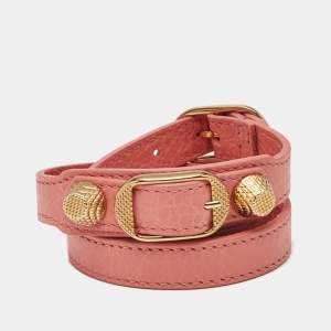 Pre Owned Balenciaga  Studded Arena Leather Gold Tone Triple Tour Bracelet 