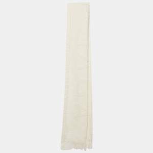 Pre Owned Balenciaga White Logo Terry Cotton Fringed Scarf