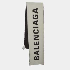 Pre Owned Balenciaga Black Logo Wool Reversible Scarf